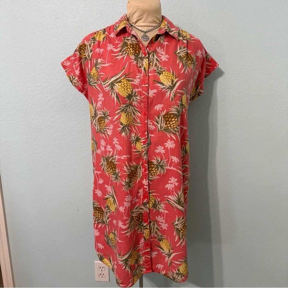 Old Navy  Linen Blend Tropical Pineapple & palms prints shirtdress size L
